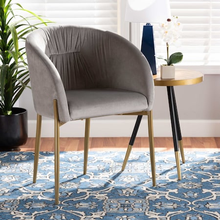 Ballard Glam And Luxe Grey Velvet Upholstered And Gold Finished Metal Dining Chair